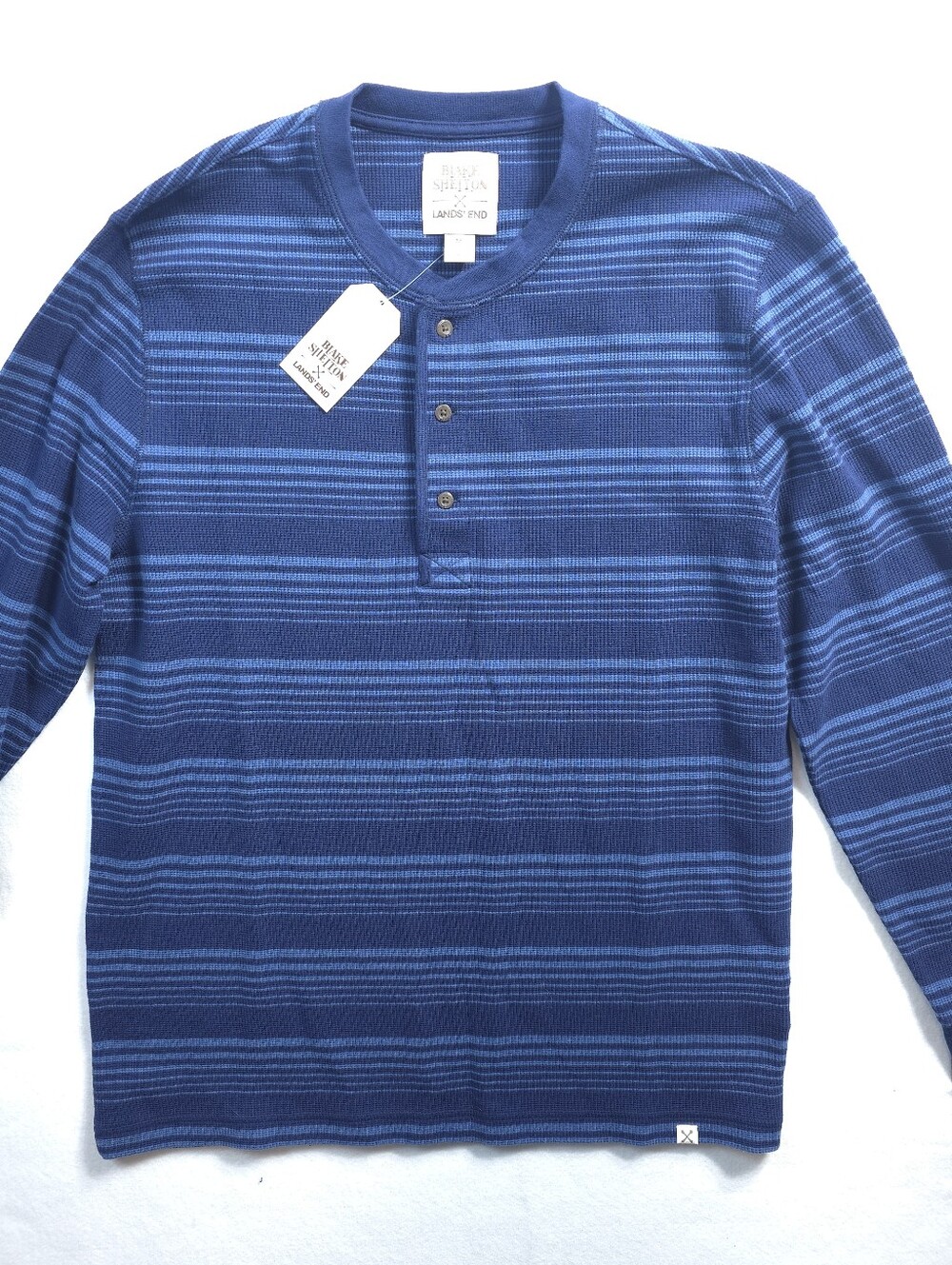Blake Shelton x Lands End Waffle Knit Henley Shirt Mens Medium Blue Striped NWT